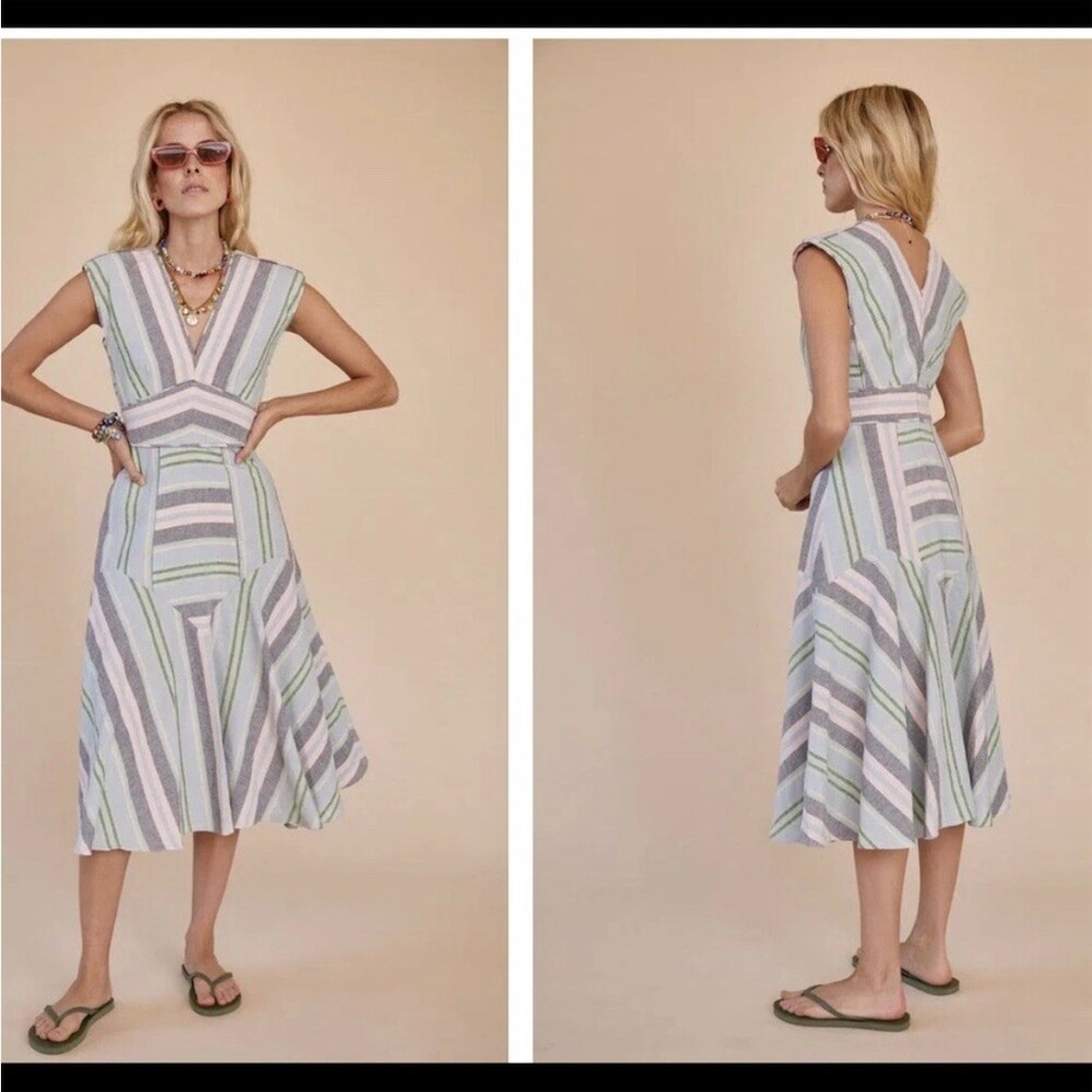 Anthropologie Hunter Bell Jordan Midi Dress Womens Size M Pastel Stripe V-Neck